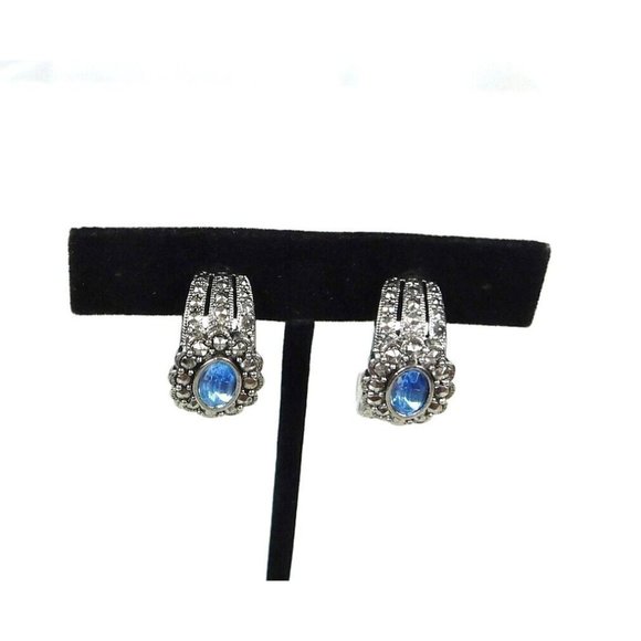 Vtg Avon Romantic Treasures Faux Marcasite Blue Stone Half Hoop Pierced Earrings - Picture 2 of 8